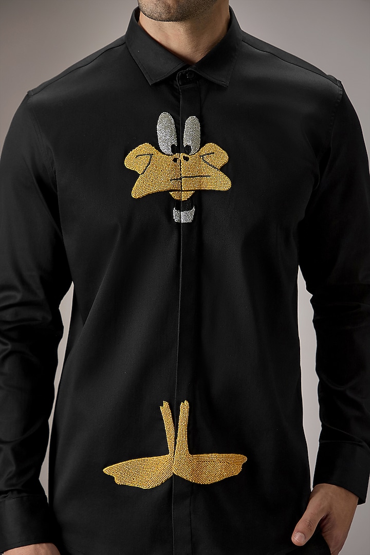 Black Cotton Duck Hand Embroidered Party Wear Shirt by Komal Kothari at Pernia's Pop Up Shop