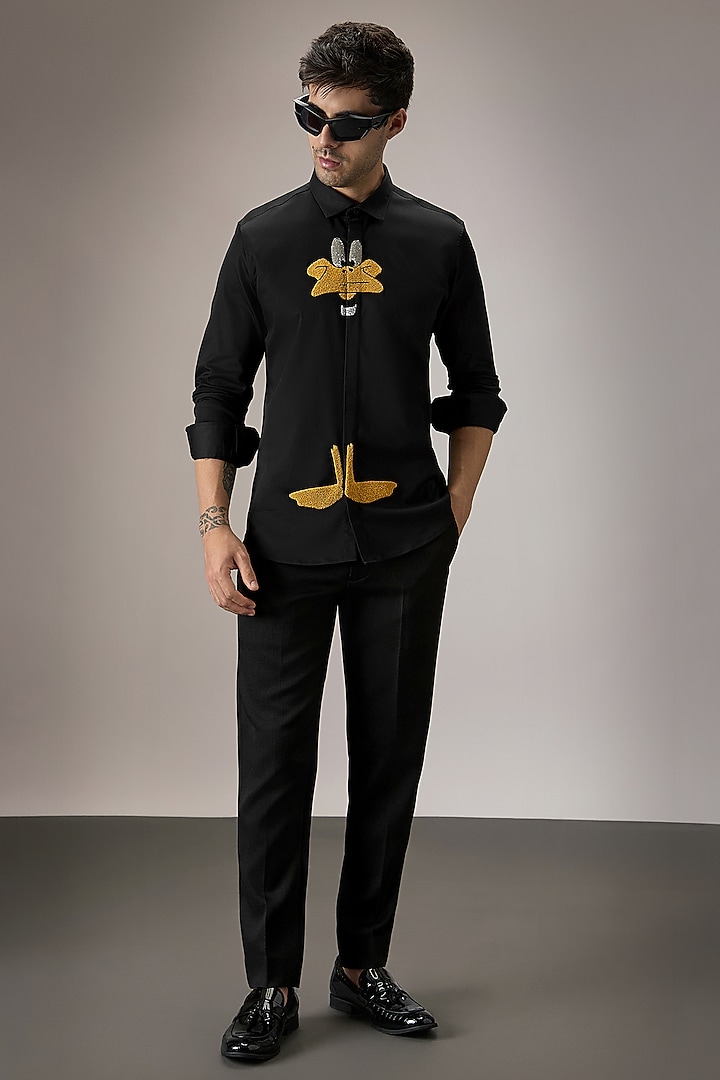 Black Cotton Duck Hand Embroidered Party Wear Shirt by Komal Kothari at Pernia's Pop Up Shop
