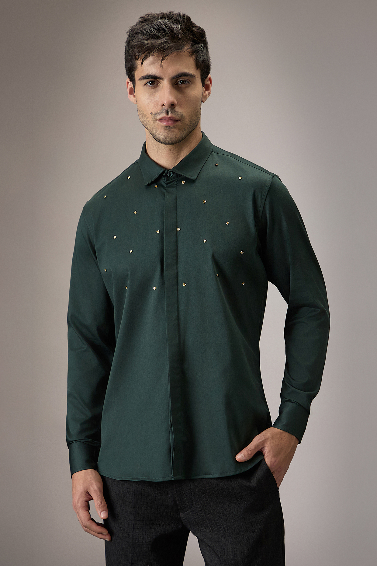 Bottle Green Cotton Heart Hand Embroidered Shirt by Komal Kothari