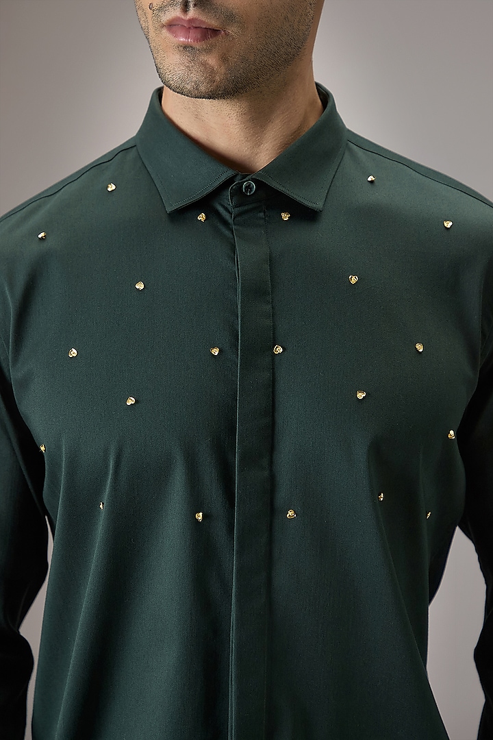 Bottle Green Cotton Heart Hand Embroidered Party Wear Shirt by Komal Kothari at Pernia's Pop Up Shop