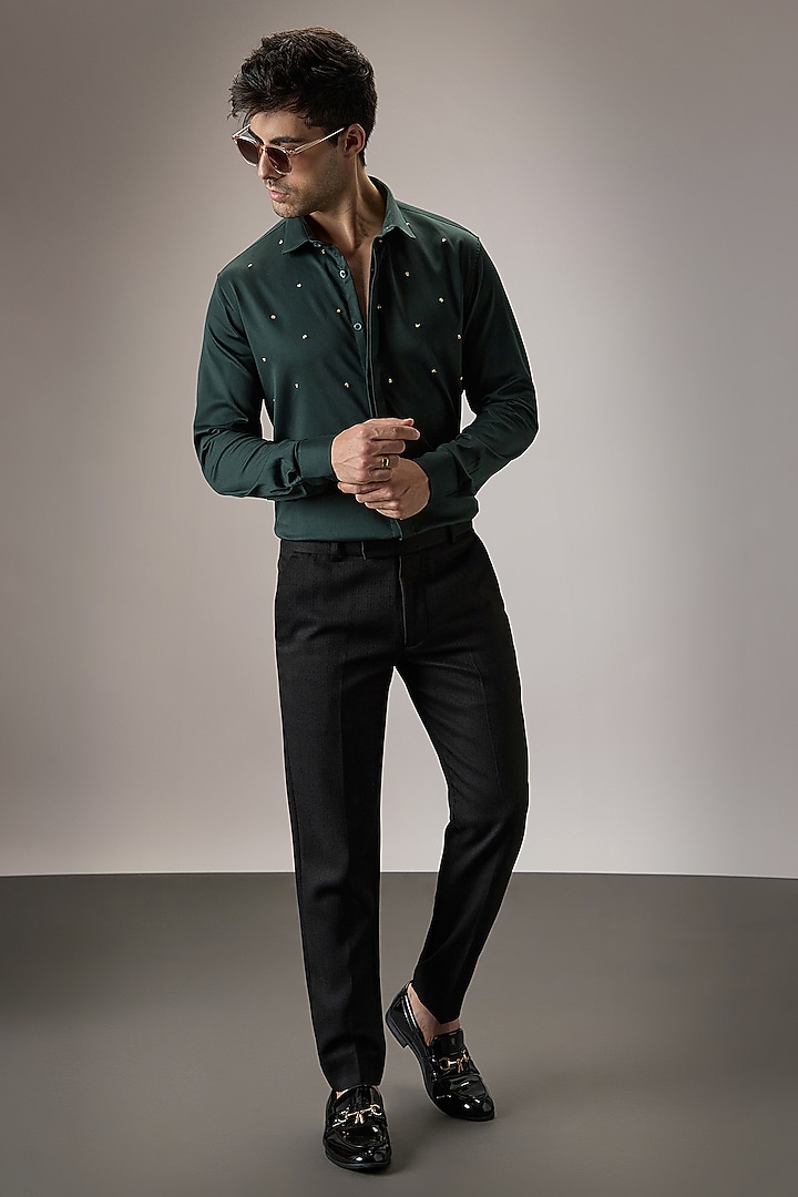 Bottle Green Cotton Heart Hand Embroidered Party Wear Shirt by Komal Kothari at Pernia's Pop Up Shop