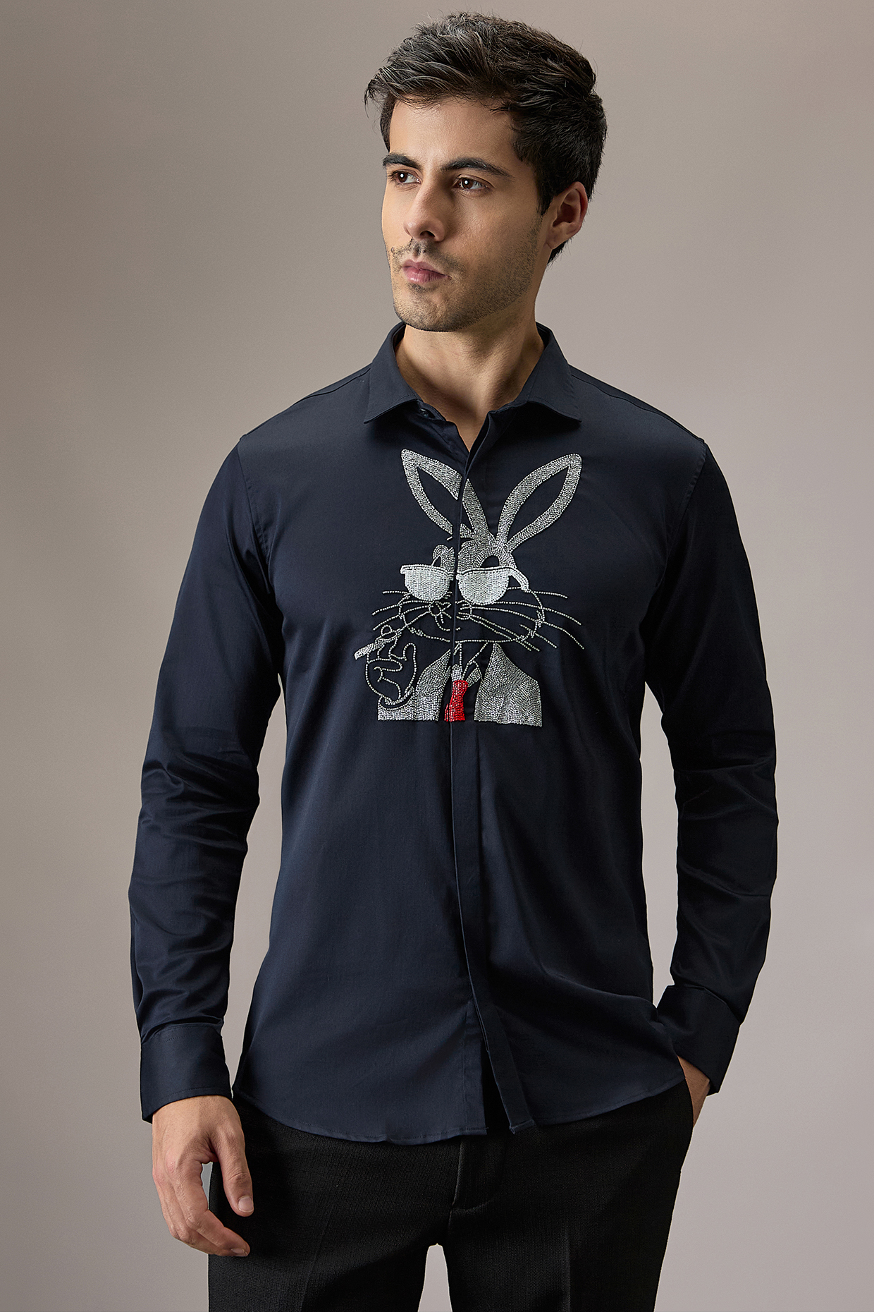 Navy Blue Cotton Bunny Hand Embroidered Shirt by Komal Kothari