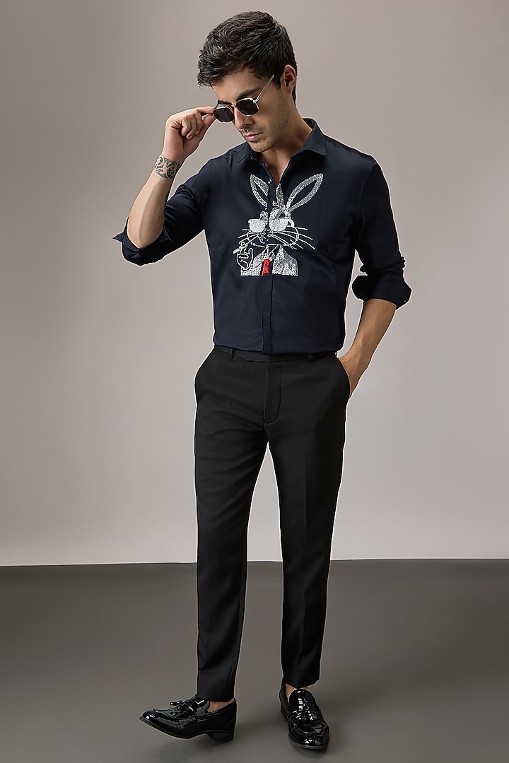 Navy Blue Cotton Bunny Hand Embroidered Party Wear Shirt by Komal Kothari at Pernia's Pop Up Shop