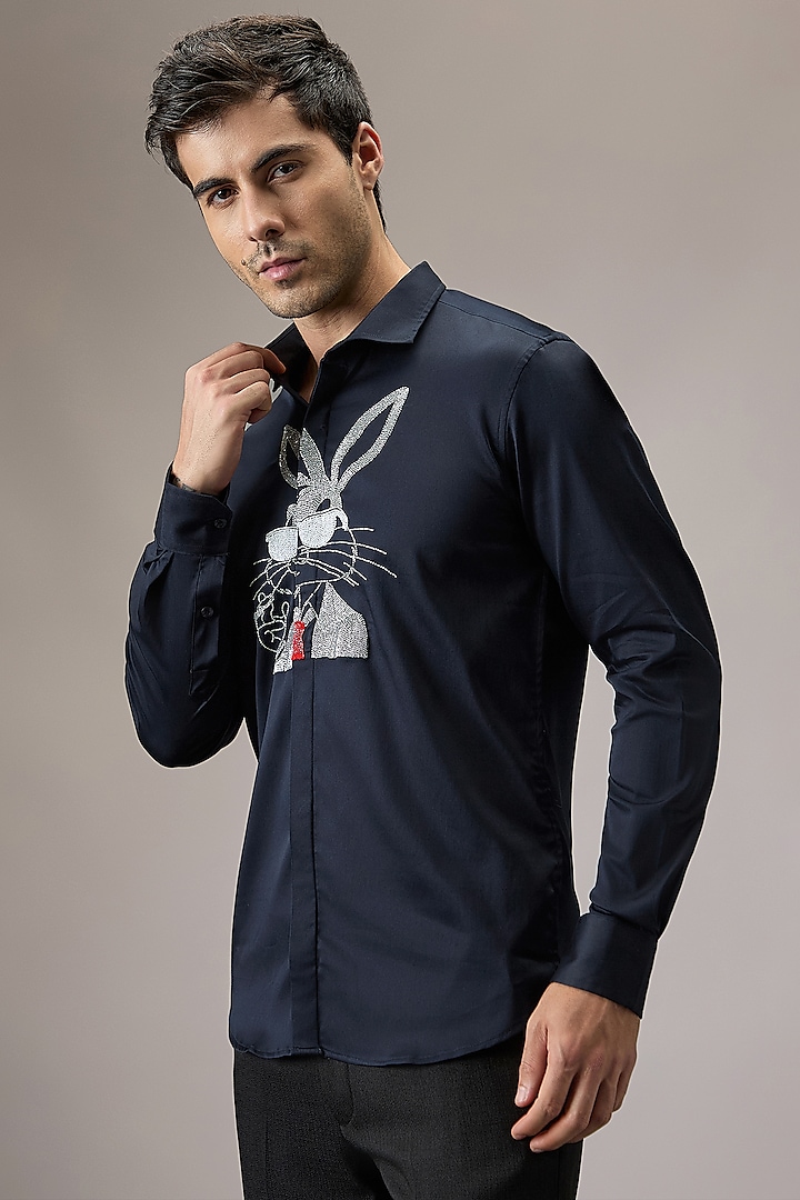 Navy Blue Cotton Bunny Hand Embroidered Party Wear Shirt by Komal Kothari at Pernia's Pop Up Shop