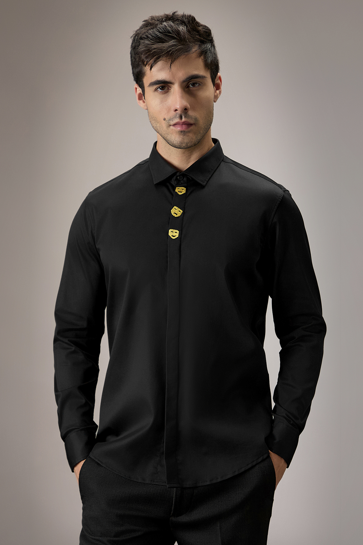 Black Cotton Face Hand Embroidered Shirt by Komal Kothari