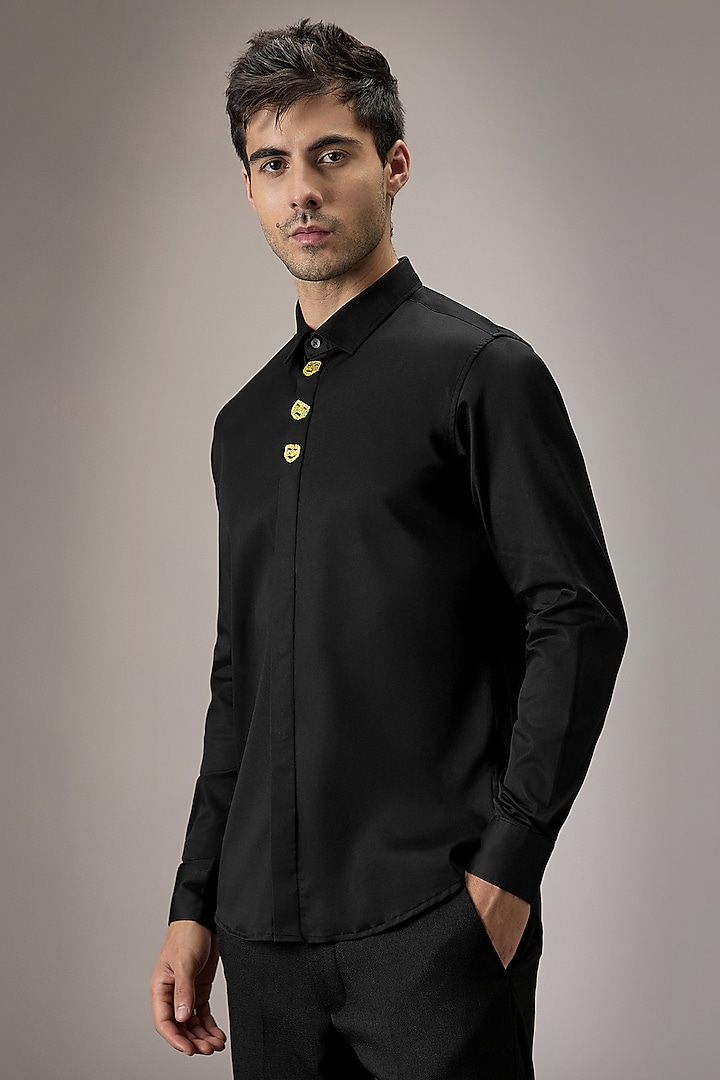 Black Cotton Face Hand Embroidered Summer Shirt by Komal Kothari at Pernia's Pop Up Shop