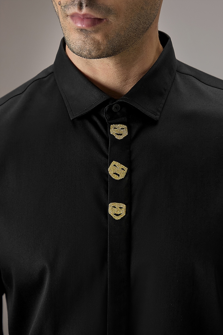 Black Cotton Face Hand Embroidered Summer Shirt by Komal Kothari at Pernia's Pop Up Shop