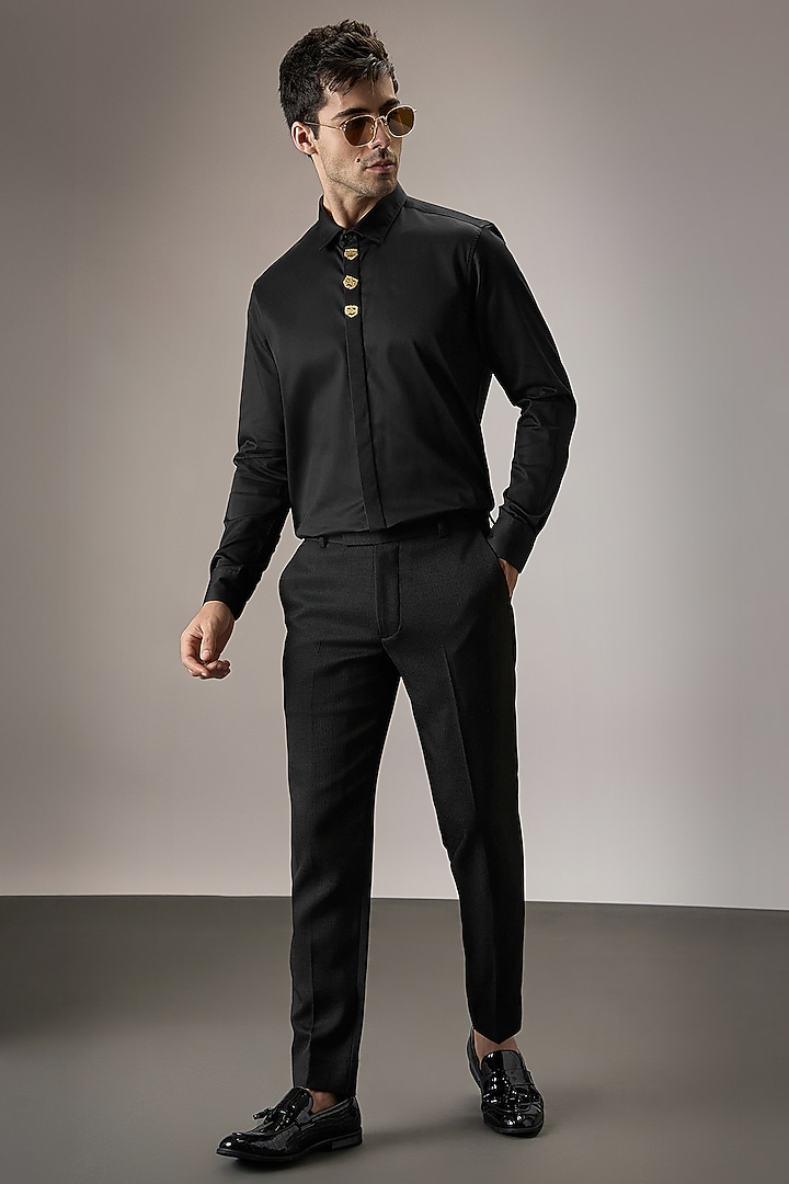 Black Cotton Face Hand Embroidered Summer Shirt by Komal Kothari at Pernia's Pop Up Shop