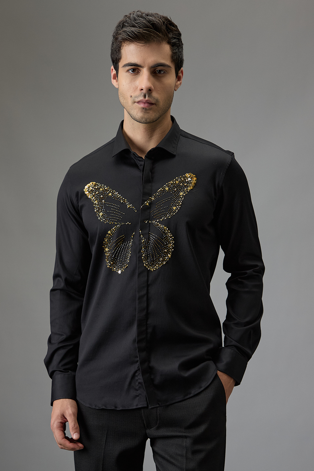 Black Cotton Butterfly Hand Embroidered Shirt by Komal Kothari