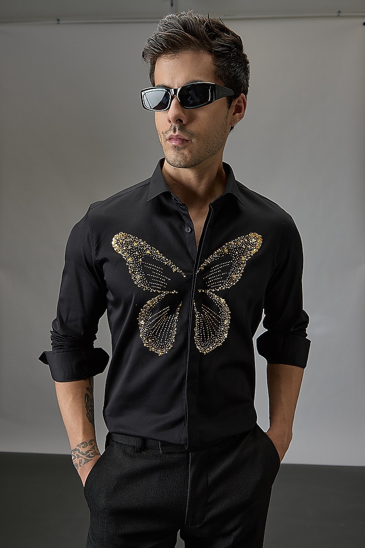 Black Cotton Butterfly Hand Embroidered Party Wear Shirt by Komal Kothari at Pernia's Pop Up Shop