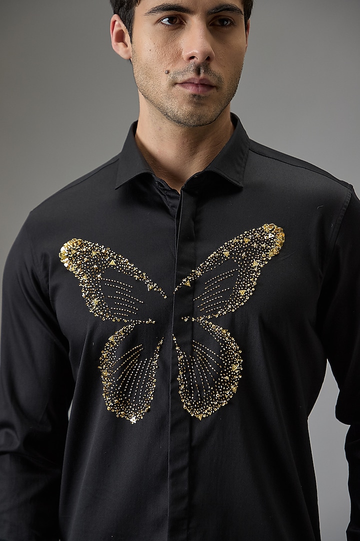Black Cotton Butterfly Hand Embroidered Party Wear Shirt by Komal Kothari at Pernia's Pop Up Shop