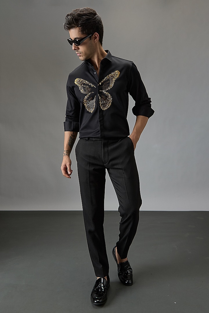 Black Cotton Butterfly Hand Embroidered Party Wear Shirt by Komal Kothari at Pernia's Pop Up Shop