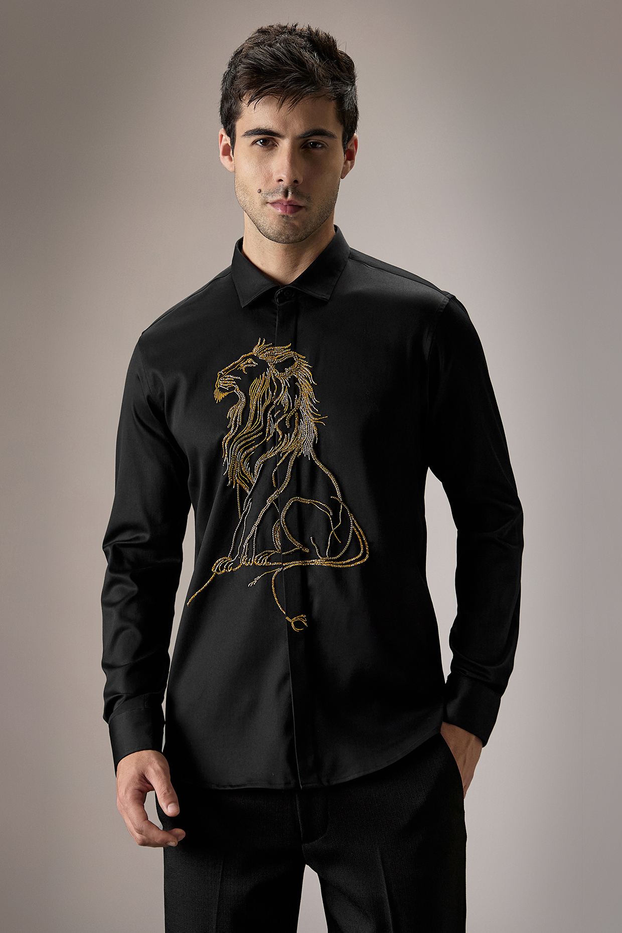 Black Cotton Floral Hand Embroidered Shirt by Komal Kothari