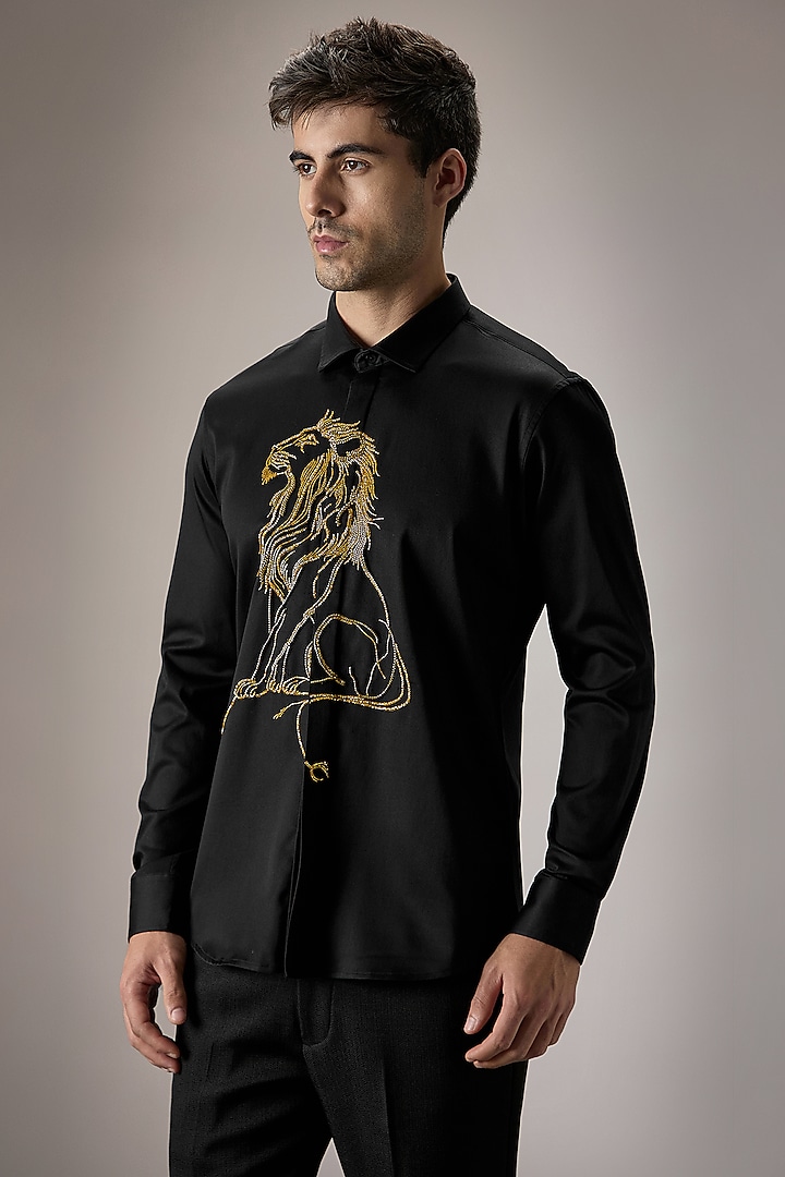 Black Cotton Floral Hand Embroidered Party Wear Shirt by Komal Kothari at Pernia's Pop Up Shop