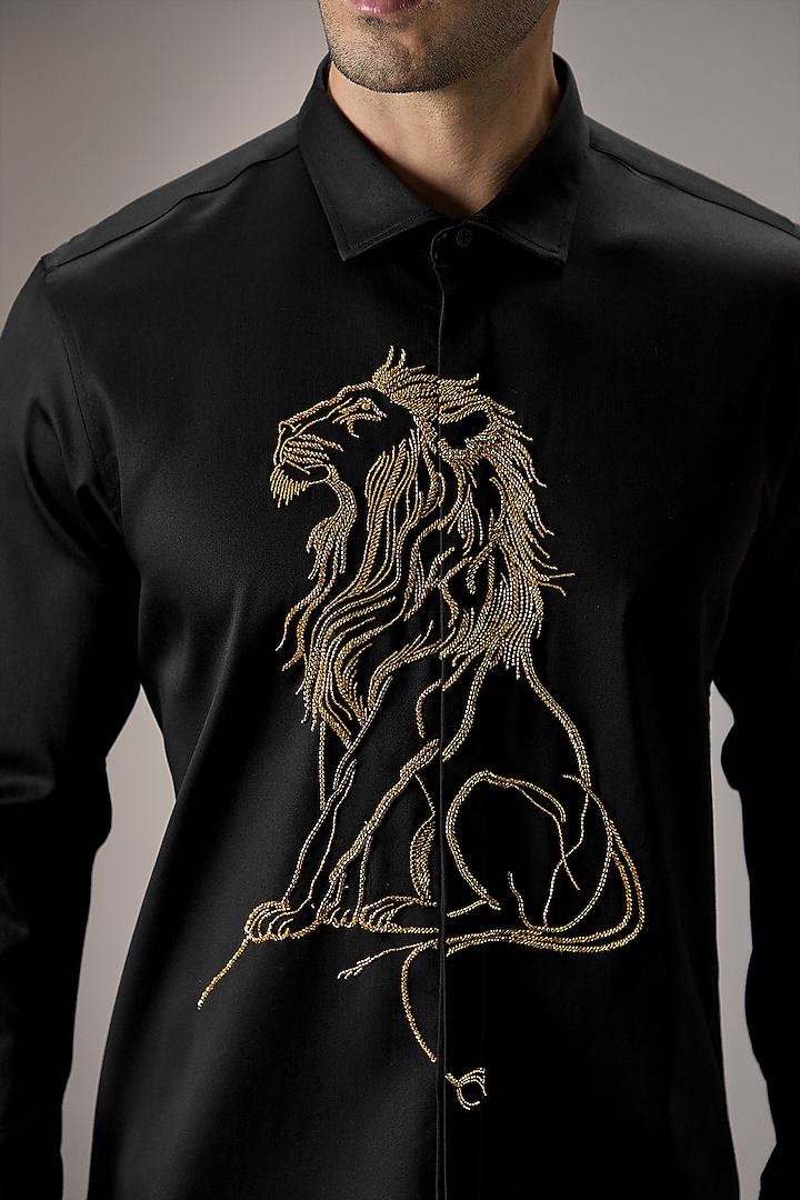 Black Cotton Floral Hand Embroidered Party Wear Shirt by Komal Kothari at Pernia's Pop Up Shop