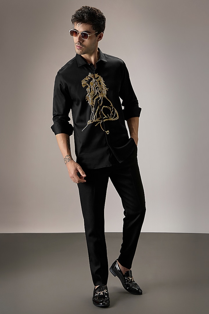 Black Cotton Floral Hand Embroidered Party Wear Shirt by Komal Kothari at Pernia's Pop Up Shop