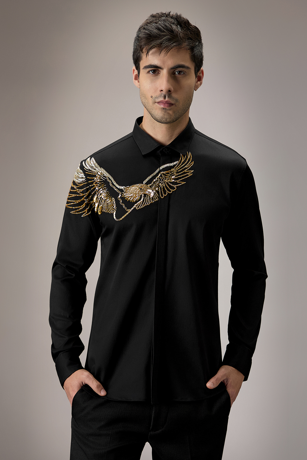 Black Cotton Eagle Hand Embroidered Shirt by Komal Kothari