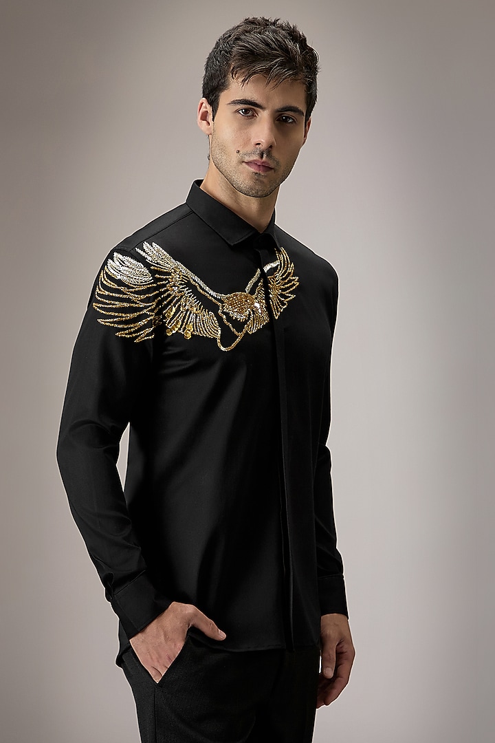 Black Cotton Eagle Hand Embroidered Party Wear Shirt by Komal Kothari at Pernia's Pop Up Shop