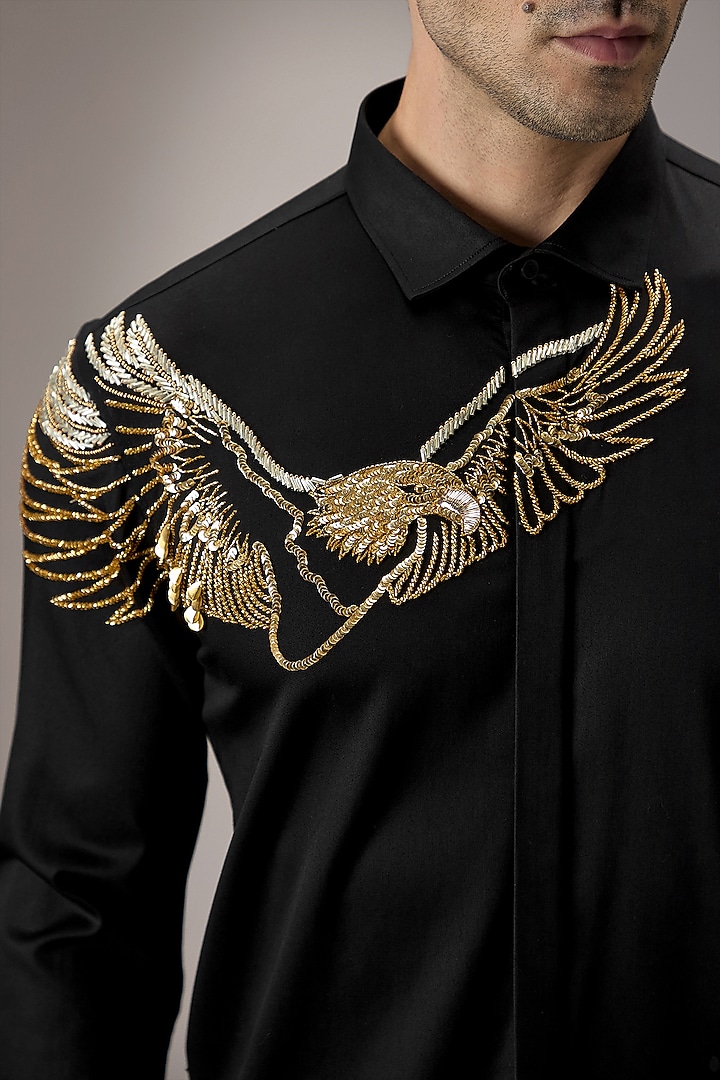 Black Cotton Eagle Hand Embroidered Party Wear Shirt by Komal Kothari at Pernia's Pop Up Shop