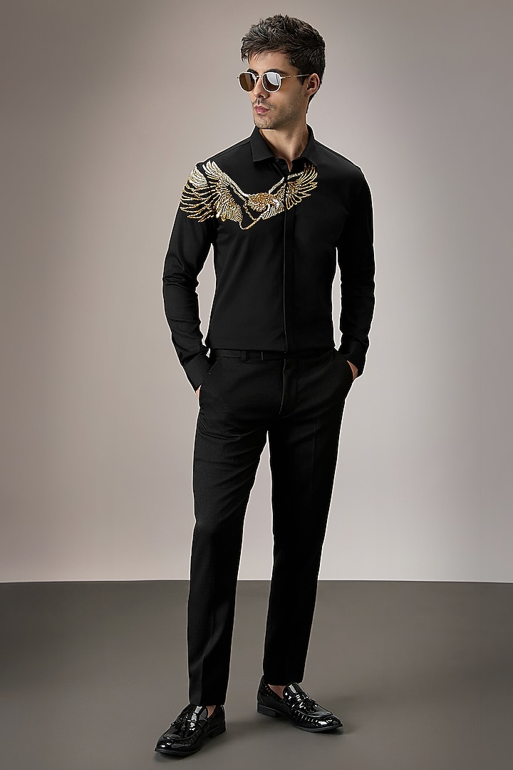 Black Cotton Eagle Hand Embroidered Party Wear Shirt by Komal Kothari at Pernia's Pop Up Shop