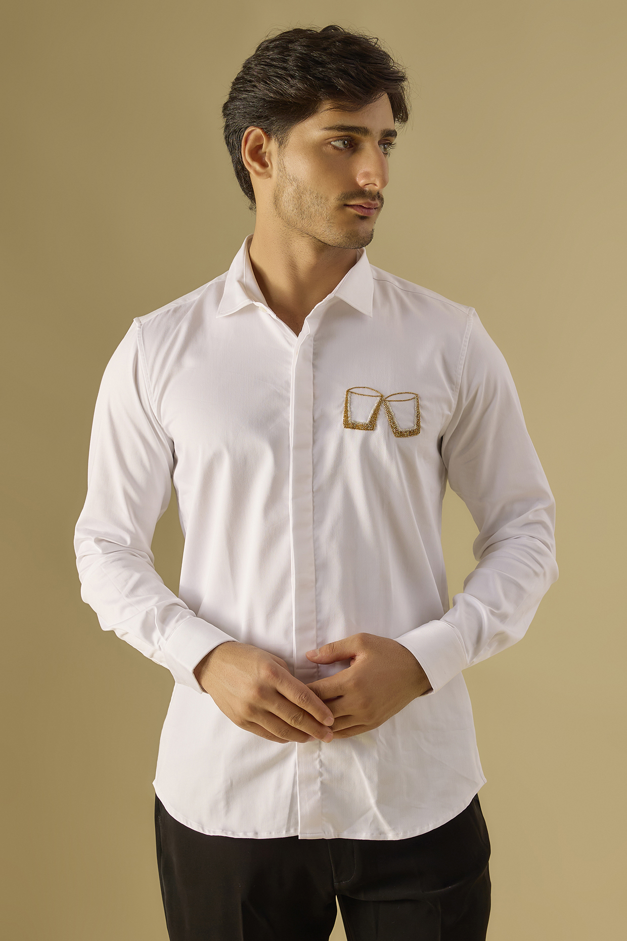White Cotton Hand Embroidered Shirt by Komal Kothari
