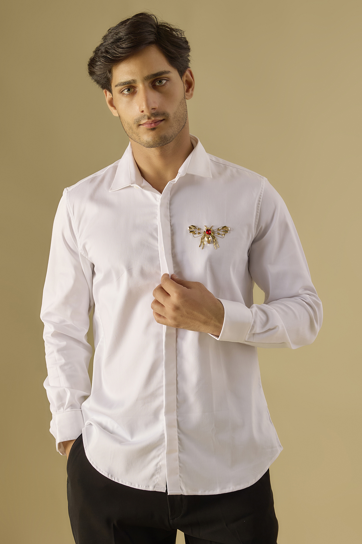 White Cotton Hand Embroidered Shirt by Komal Kothari