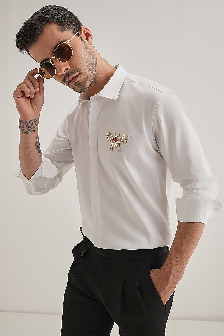 White Cotton Hand Embroidered Party Wear Shirt by Komal Kothari at Pernia's Pop Up Shop