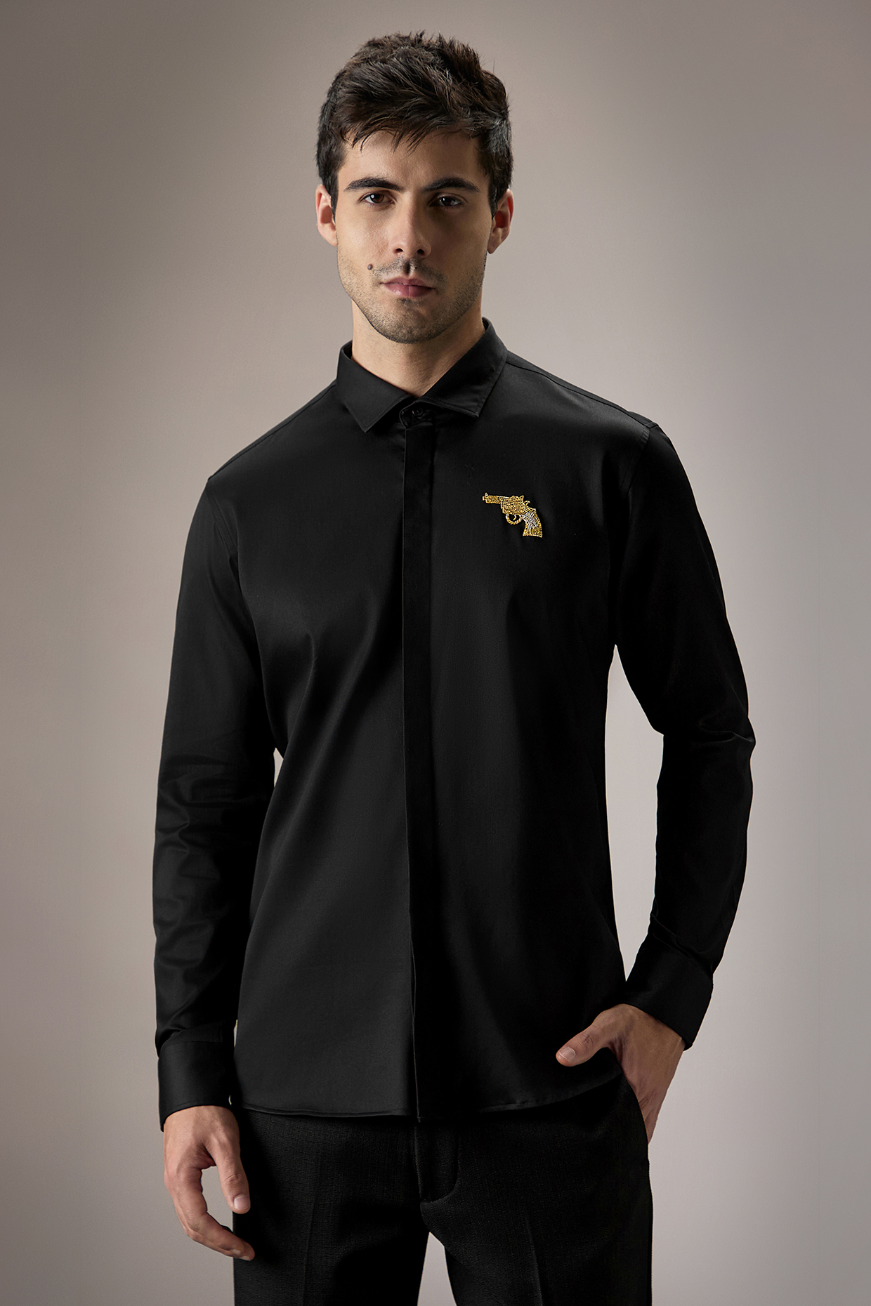 Black Cotton Cupid Hand Embroidered Shirt by Komal Kothari