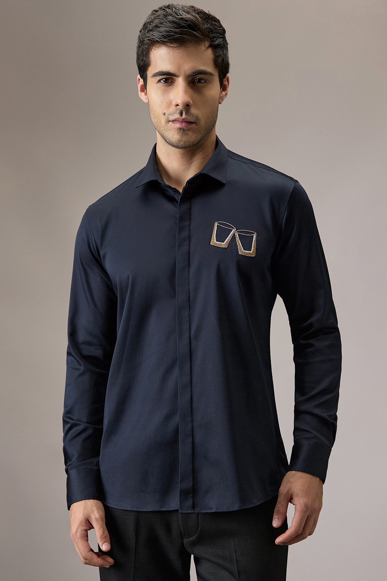Navy Blue Cotton Hand Embroidered Shirt by Komal Kothari