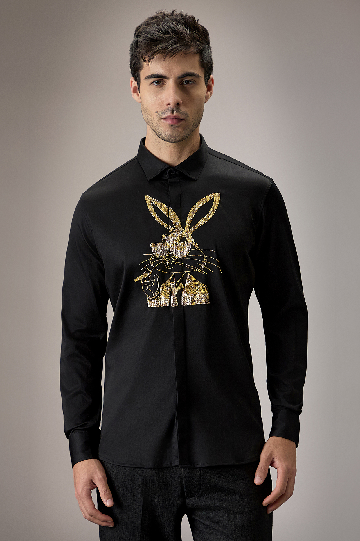 Black Cotton Bunny Hand Embroidered Shirt by Komal Kothari