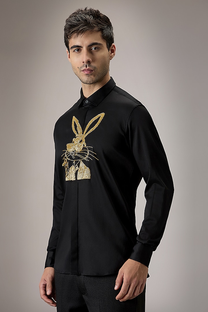 Black Cotton Bunny Hand Embroidered Party Wear Shirt by Komal Kothari at Pernia's Pop Up Shop