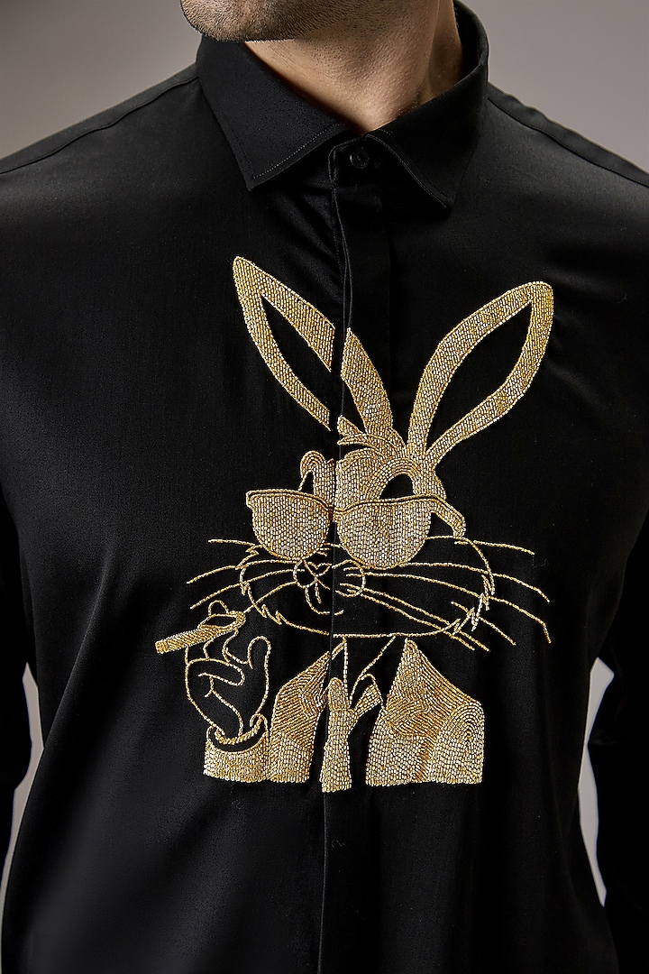 Black Cotton Bunny Hand Embroidered Party Wear Shirt by Komal Kothari at Pernia's Pop Up Shop
