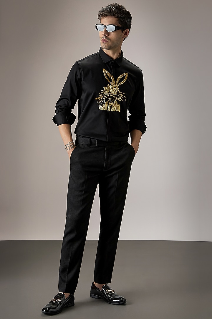Black Cotton Bunny Hand Embroidered Party Wear Shirt by Komal Kothari at Pernia's Pop Up Shop