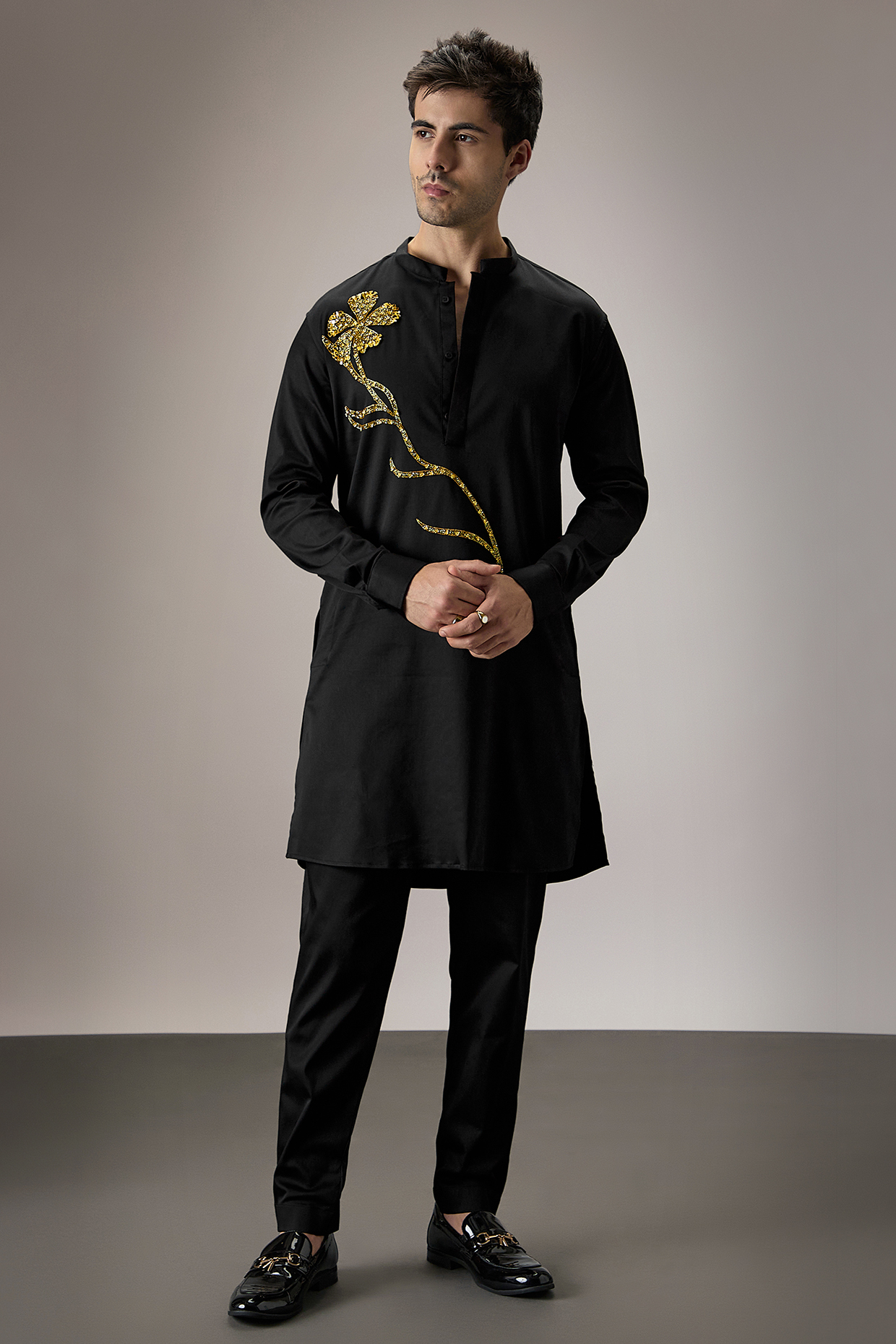 Black Cotton Hand Embroidered Kurta by Komal Kothari