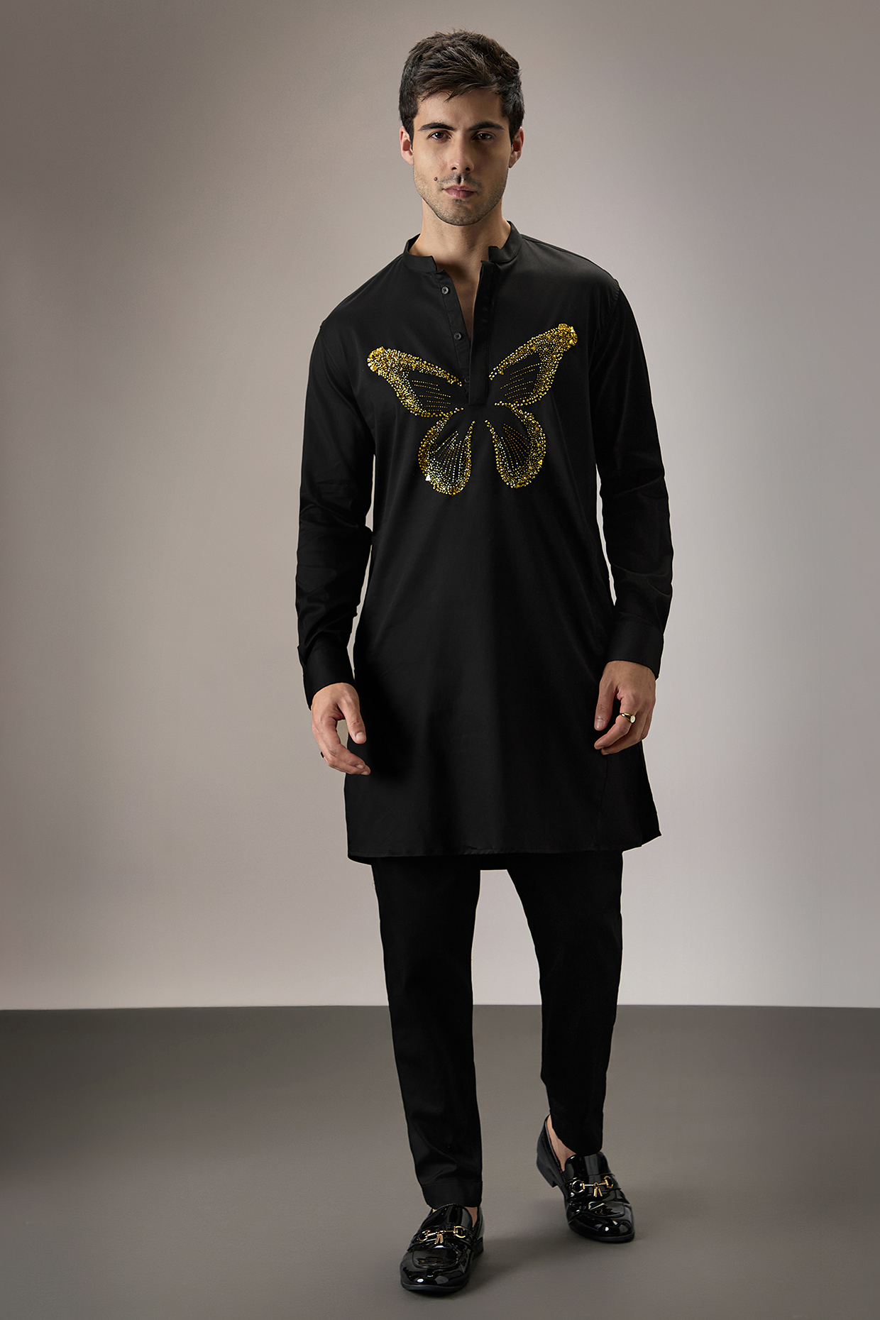 Black Cotton Hand Embroidered Kurta by Komal Kothari