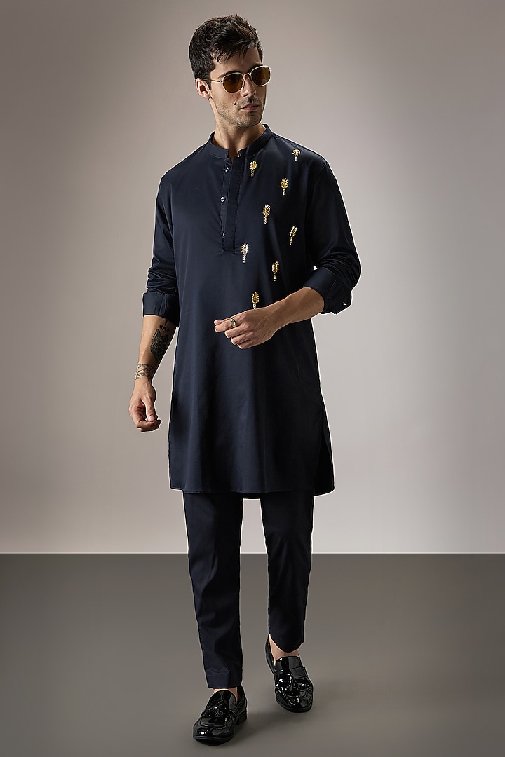 Navy Blue Cotton Hand Embroidered Kurta by Komal Kothari at Pernia's Pop Up Shop