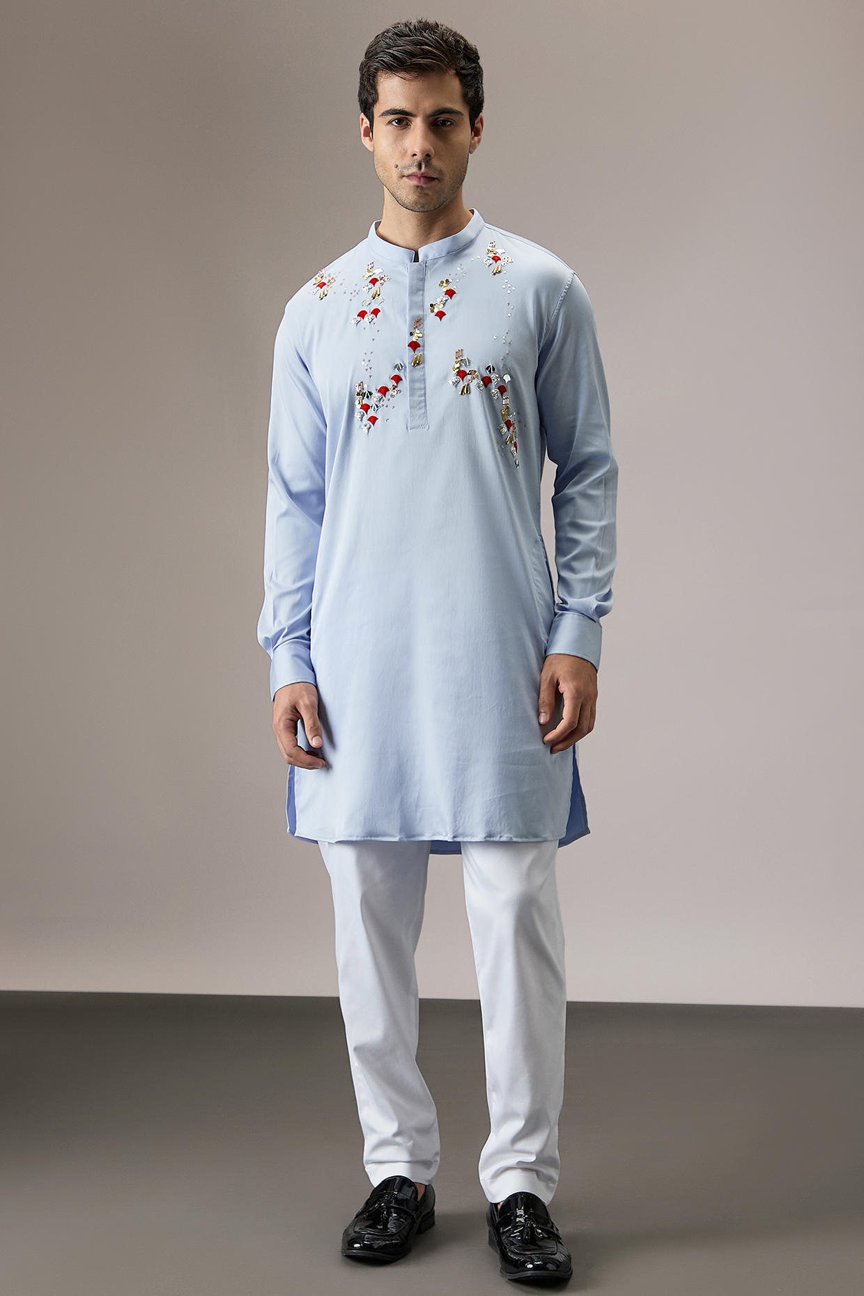 Powder Blue Cotton Hand Embroidered Kurta by Komal Kothari