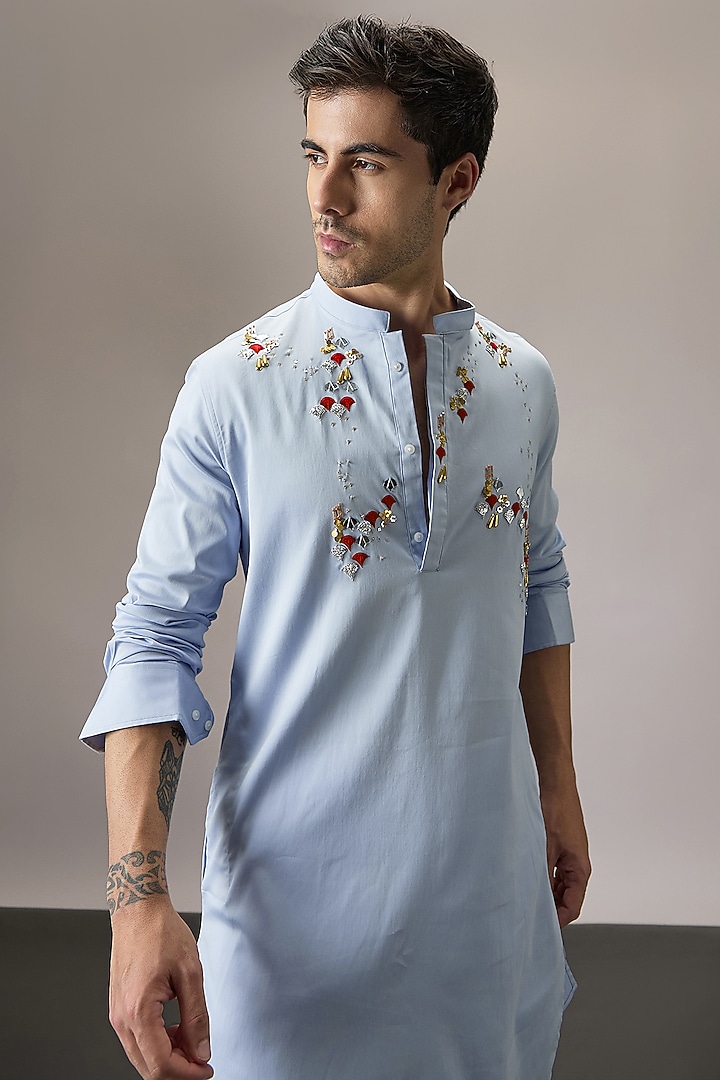 Powder Blue Cotton Hand Embroidered Kurta by Komal Kothari at Pernia's Pop Up Shop