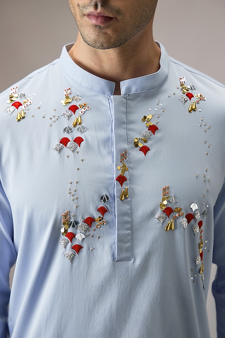 Powder Blue Cotton Hand Embroidered Kurta by Komal Kothari at Pernia's Pop Up Shop