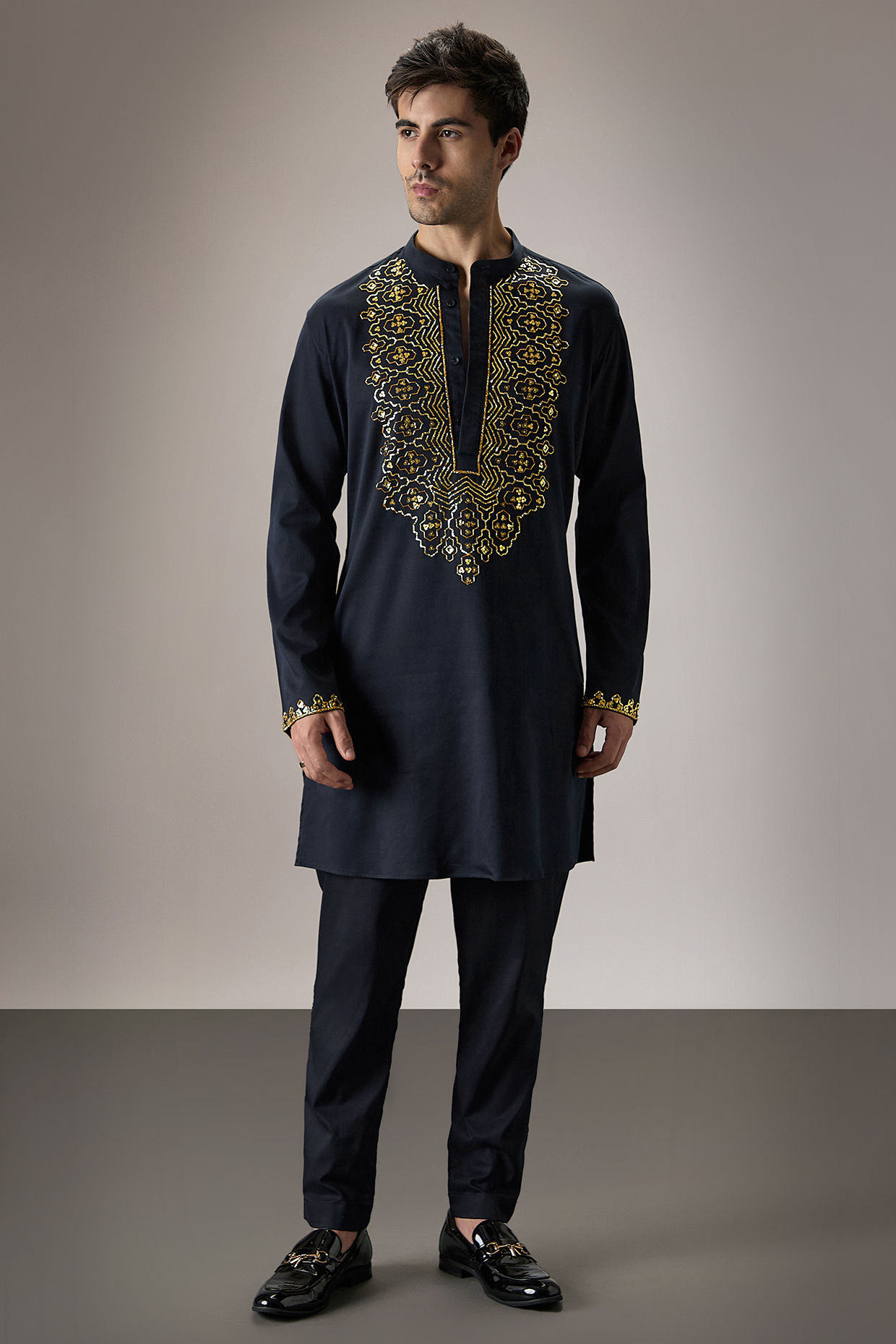 Navy Blue Cotton Hand Embroidered Kurta by Komal Kothari