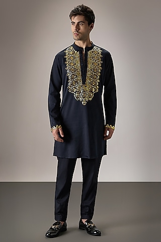 Navy Blue Cotton Hand Embroidered Kurta by Komal Kothari
