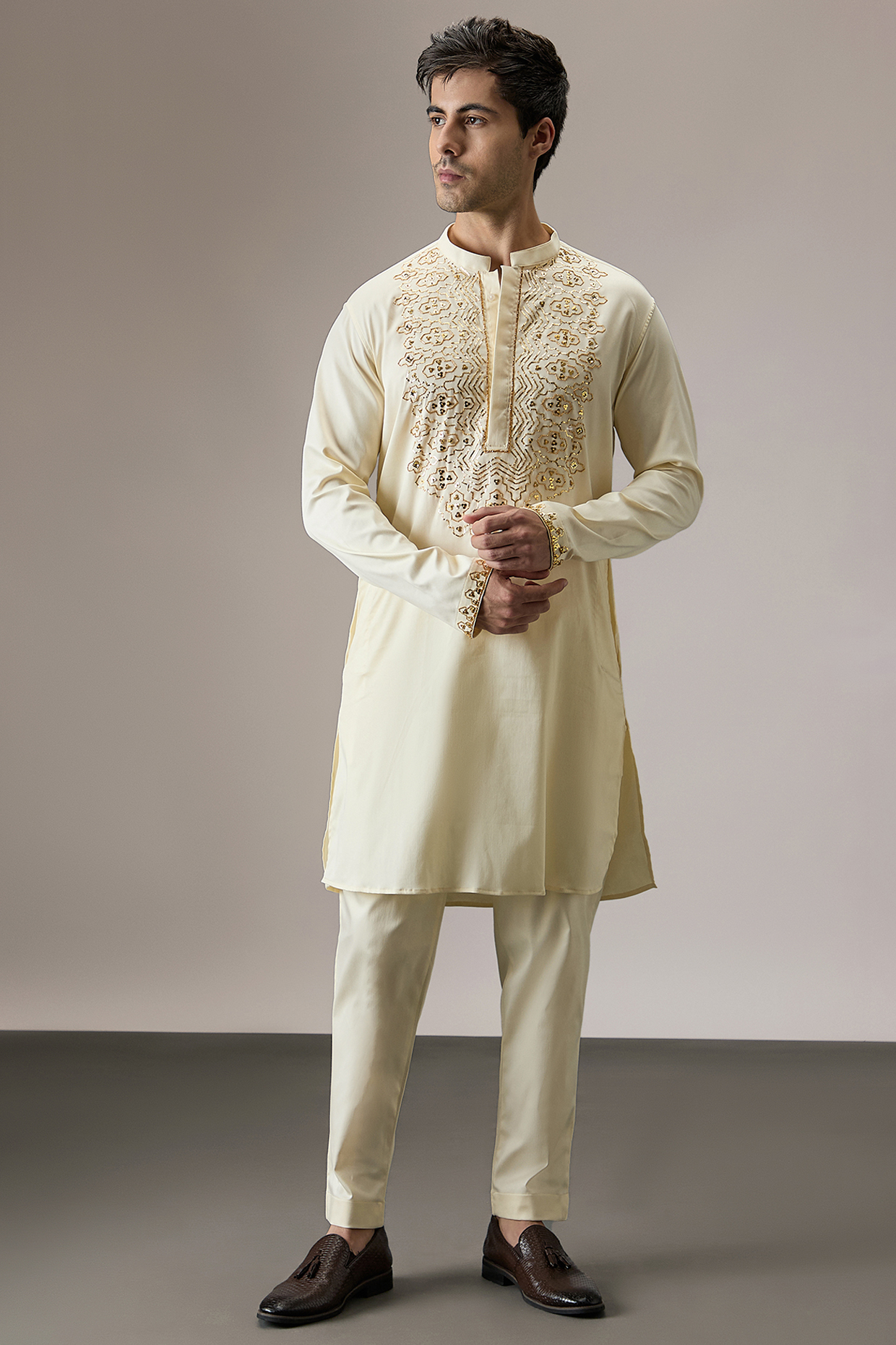 Ivory Cotton Hand Embroidered Kurta by Komal Kothari