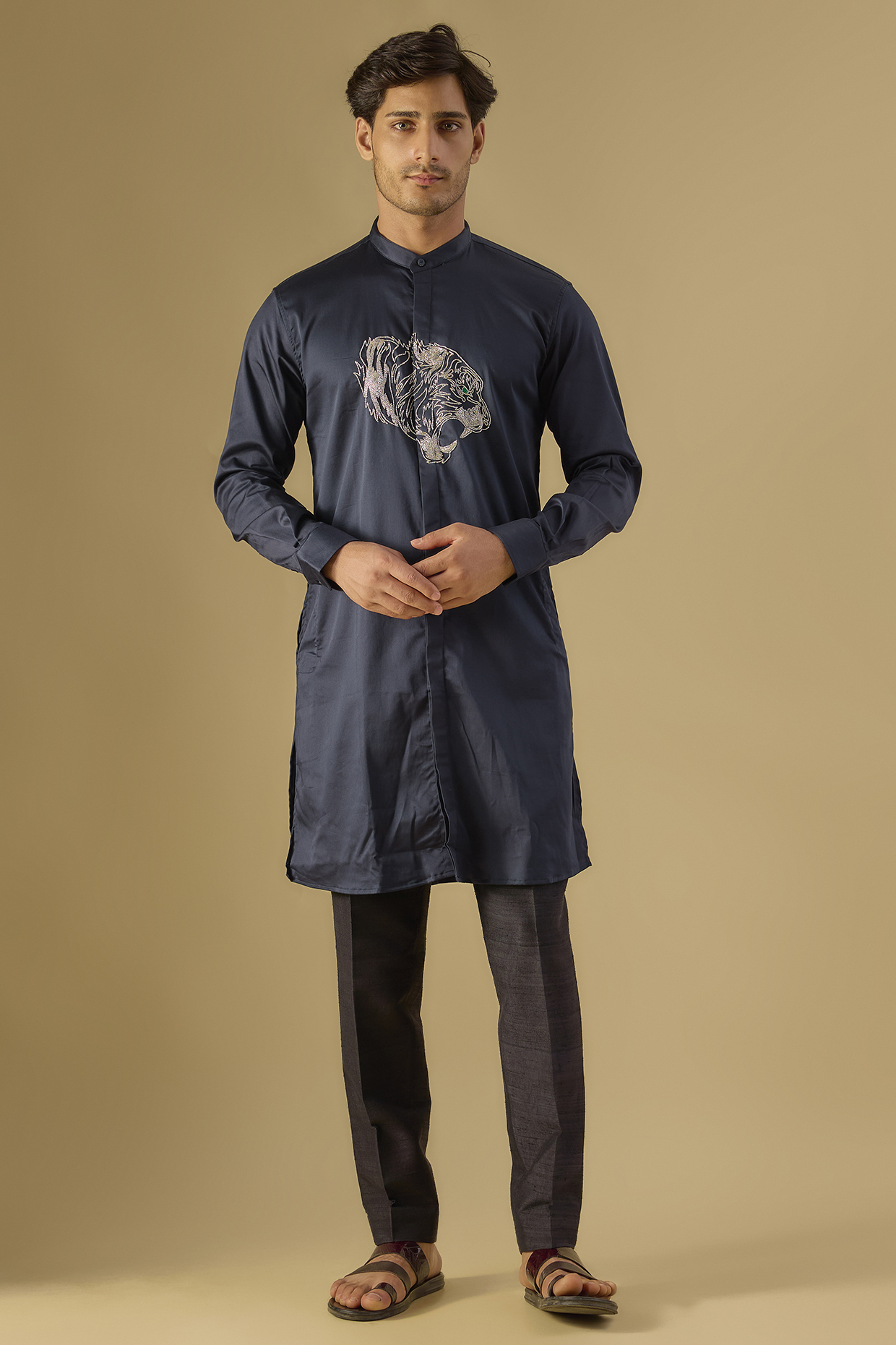 Navy Cotton Hand Embroidered Handcrafted Kurta by Komal Kothari