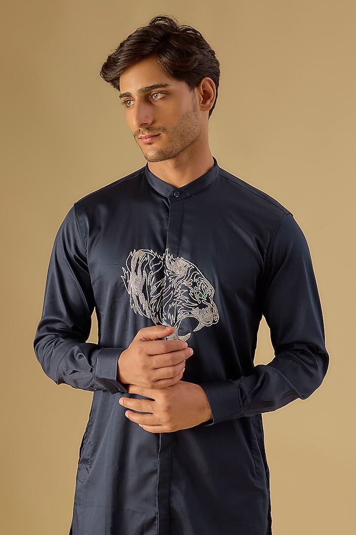Navy Cotton Hand Embroidered Handcrafted Kurta by Komal Kothari at Pernia's Pop Up Shop