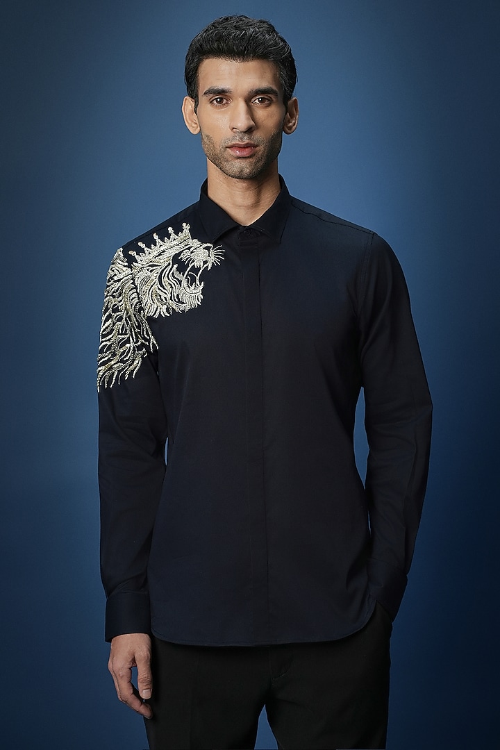 Navy Cotton Embroidered Party Wear Shirt by Komal Kothari at Pernia's Pop Up Shop