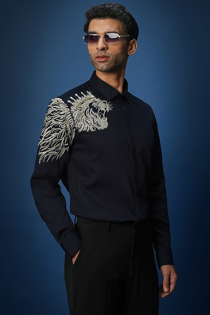 Navy Cotton Embroidered Party Wear Shirt by Komal Kothari at Pernia's Pop Up Shop
