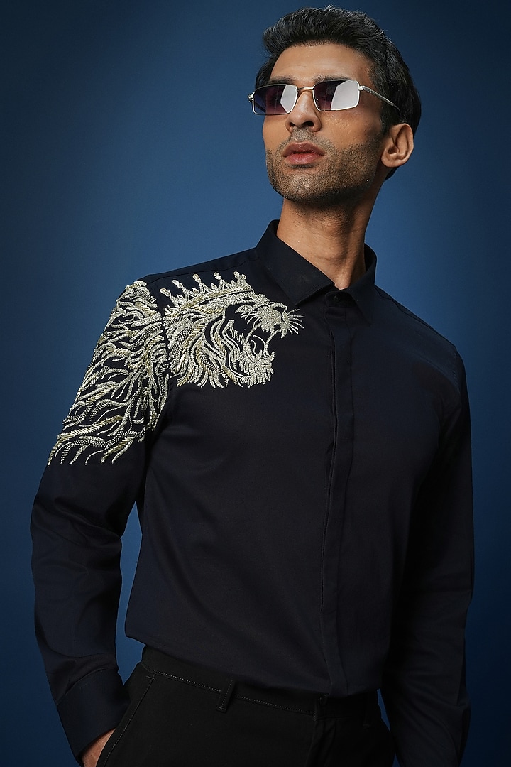 Navy Cotton Embroidered Party Wear Shirt by Komal Kothari at Pernia's Pop Up Shop