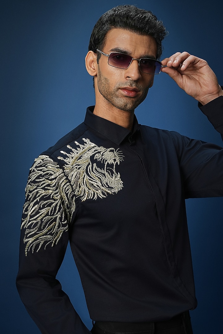 Navy Cotton Embroidered Party Wear Shirt by Komal Kothari at Pernia's Pop Up Shop