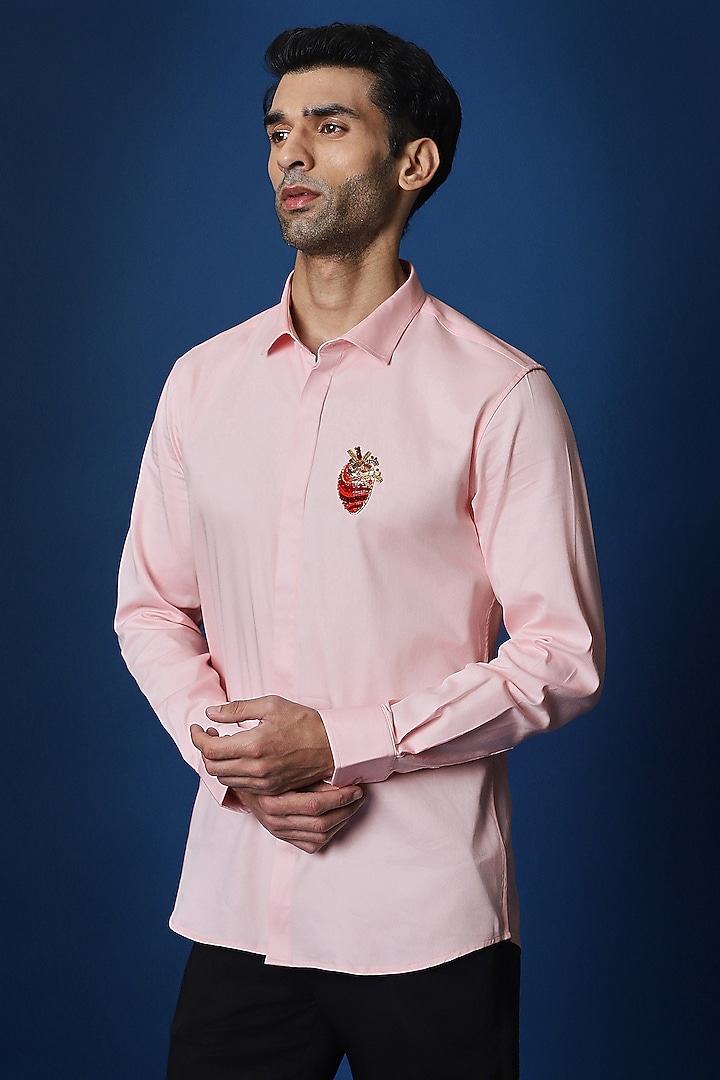 Baby Pink Cotton Hand Embroidered Party Wear Shirt by Komal Kothari at Pernia's Pop Up Shop