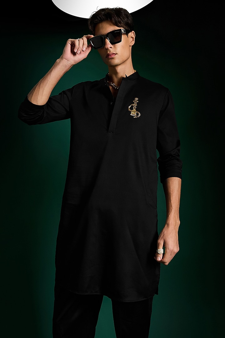 Black Cotton & Satin Hand Embroidered Kurta by Komal Kothari at Pernia's Pop Up Shop